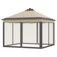 Outsunny Carpa Plegable con Luces LED 3,3x3,3 m Cenador de Jardín con Control Remoto  con 4 Mosquiteras Altura Ajustable Beige(m-11)