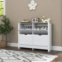 HOMCOM Schuhschrank 4 klapptürige Türen 2 Fächer aus Spanplatten Weiß Eiche(m-5)