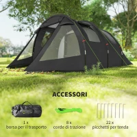 Outsunny Tenda da Campeggio 3 Posti con 2 Stanze Interne con Finestre e Coperture, 475x264x172 cm, Nero(m-7)