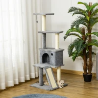 PawHut Albero Tiragraffi Multilivello con Casetta, Scala, Pallina e Pali in Sisal, 48x48x125 cm, Grigio(m-2)