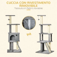 PawHut Albero Tiragraffi Multilivello con Casetta, Scala, Pallina e Pali in Sisal, 48x48x125 cm, Grigio(m-6)