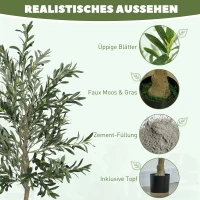 HOMCOM Kunstpflanze, Künstlicher Olivenbaum, 180 cm, 900 Blätter, 40 Oliven, stabiler Blumentopf, Dekorationspflanze, Grün(m-4)