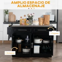 HOMCOM Isla de Cocina con Ruedas Tablero de Acero Inoxidable Cajones Estantes Ajustables Especiero Toallero 145x45x93 cm Negro(m-4)
