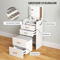 HOMCOM 3-in-1-Schminktisch mit Spiegel, Nachttisch, Rollhocker, Schubladen, Weiß(m-6)