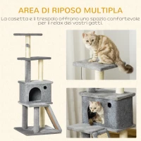 PawHut Albero Tiragraffi Multilivello con Casetta, Scala, Pallina e Pali in Sisal, 48x48x125 cm, Grigio(m-5)