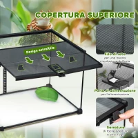 PawHut Terrario per Rettili Rialzato con Serratura e Termometro, in Vetro e Rete Metallica, 50x30x35 cm, Nero(m-5)