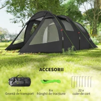 Outsunny Cort de Camping pentru 3 Persoane cu 2 Camere, Ferestre și Geantă de Transport, 475x264x172 cm, Negru(m-7)