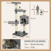 PawHut Griffoir pour Chats Hauteur 116 cm Arbre à Chats avec Poteaux de Sisal Cabane Plateformes et Jouets Gris Foncé(m-3)