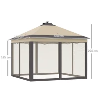 Outsunny Carpa Plegable con Luces LED 3,3x3,3 m Cenador de Jardín con Control Remoto  con 4 Mosquiteras Altura Ajustable Beige(m-3)