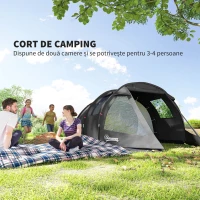 Outsunny Cort de Camping pentru 3 Persoane cu 2 Camere, Ferestre și Geantă de Transport, 475x264x172 cm, Negru(m-4)