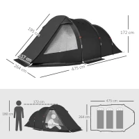 Outsunny Tenda da Campeggio 3 Posti con 2 Stanze Interne con Finestre e Coperture, 475x264x172 cm, Nero(m-3)