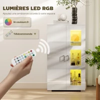 HOMCOM Buffet avec LED RGB 16 couleurs et télécommande, haute brillance, portes vitrées, étagères en verre, 71x35x126cm, blanc(m-4)