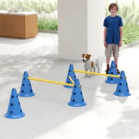 PawHut Dog Agility Equipment Set of Six Cones, Six Poles with Carry Bag, Three-Piece Adjustable Height Jumping Obstacles, Blue(m-9)