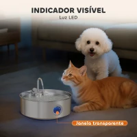 PawHut Fonte para Gatos em Aço Inoxidável 7L Silencioso Fonte de Água para Animais Automática com Sistema de Filtros Luz LED 30,5x31,2x19,3 cm Prata(m-5)