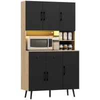 HOMCOM Armário de Cozinha Alto com Luzes LED RGB com 6 Portas 2 Gavetas Bancada 100x40x176 cm Preto e Madeira(m-10)