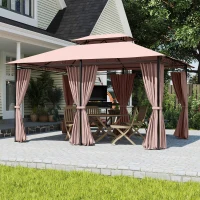 Outsunny Gazebo da Giardino 4x3m con Doppio Tetto e Tende Laterali in Acciaio e Poliestere, Color Cachi(m-7)