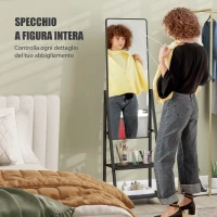HOMCOM Specchio Verticale da Terra con 2 Ripiani e 4 Rotelle, in Acciaio e Legno, 42x37x155 cm, Nero(m-4)