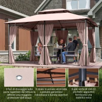 Outsunny Gazebo de Exterior 3x4 m con Paredes Laterales Doble Techo 6 Puertas con Cremallera y 8 Orificios de Drenaje Caqui(m-6)