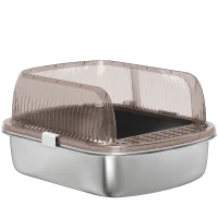 PawHut Caixa de Areia para Gatos Fechada com Bandeja em Aço Inoxidável Bordas Altas Pá para Gatos Grandes 53x42x27 cm Cinzento(m-11)