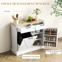 HOMCOM Buffet cuisine avec meuble poubelle 38L, meuble cuisine rangement, 2 tiroirs, étagère à épices et plan de travail, blanc(m-6)