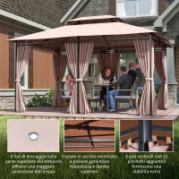 Outsunny Gazebo da Giardino 4x3m con Doppio Tetto e Tende Laterali in Acciaio e Poliestere, Color Cachi(m-6)