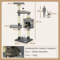 PawHut Arranhador para Gatos com 4 Níveis com Poste para Afiar as Garras Caverna Plataformas e Brinquedos 40x40x116 cm Cinzento Escuro(m-3)