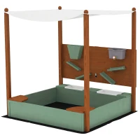 AIYAPLAY Wood Sandpit with Canopy, Storage Bins, Funnel, Liner, Chutes, Bucket with Tap, 116 x 112.5 x 128 cm, Green(m-1)