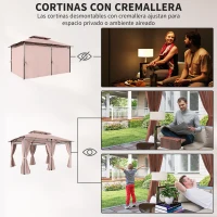 Outsunny Gazebo de Exterior 3x4 m con Paredes Laterales Doble Techo 6 Puertas con Cremallera y 8 Orificios de Drenaje Caqui(m-5)