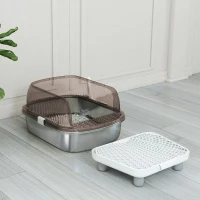 PawHut Caixa de Areia para Gatos Fechada com Bandeja em Aço Inoxidável Bordas Altas Pá e Degrau para Gatos Grandes 53x42x27 cm Cinzento(m-8)