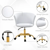 Vinsetto Sedia da Ufficio Regolabile in Altezza con Seduta Girevole e Rivestimento in Velluto Teddy, Bianco e Oro(m-5)