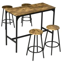 HOMCOM 5-tlg. Bartisch-Set im Industriedesign, 1 Bartisch, 4 Barhocker, Sitzgruppe, Küchentresen, Schwarz + Braun(m-12)