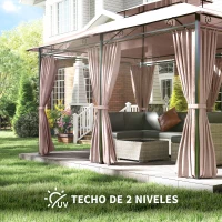 Outsunny Gazebo de Exterior 3x4 m con Paredes Laterales Doble Techo 6 Puertas con Cremallera y 8 Orificios de Drenaje Caqui(m-4)