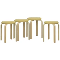 HOMCOM Conjunto de 4 Bancos Empilháveis Redondos Bancos Baixos de Cozinha com Assento Acolchoado Ø40x45 cm Amarelo e Madeira(m-1)