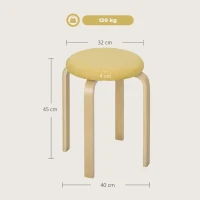 HOMCOM Conjunto de 4 Bancos Empilháveis Redondos Bancos Baixos de Cozinha com Assento Acolchoado Ø40x45 cm Amarelo e Madeira(m-3)