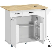HOMCOM Ilha de Cozinha com Rodas Carrinho de Cozinha com Tomada USB Bancada Rebatível 2 Gavetas 119,5x74x94,5 cm Branco(m-1)