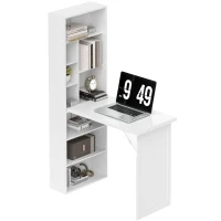HOMCOM Escritorio de ordenador plegable con estantería, puesto de trabajo, tablero blanco y estante ajustable, 98x51x153cm, blanco(m-7)
