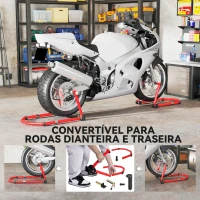 HOMCOM Suporte Roda Dianteira e Traseira para Mota Carga 390 kg Cavalete Moto Elevador Universal com Adaptadores de Garfos em U e L Ajustáveis e Rodas Vermelho(m-4)