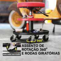 HOMCOM Banco de Oficina Giratório com Rodas Altura Ajustável de 40-51 cm Banco para Mecânico com 2 Bandejas para Ferramentas, Vermelho(m-7)