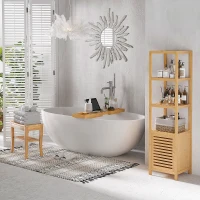 HOMCOM Meuble Colonne Rangement Salle de Bain Bambou Design Naturel 36L x 33l x 140H cm 2 étagères 4 Niveaux + Placard(m-10)