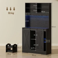 HOMCOM Credenza da Cucina Alta Stile Rustico con 2 Armadietti, Portabottiglie, Prese di Ricarica e Luci LED, Nero(m-3)