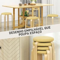 HOMCOM Conjunto de 4 Bancos Empilháveis Redondos Bancos Baixos de Cozinha com Assento Acolchoado Ø40x45 cm Amarelo e Madeira(m-4)