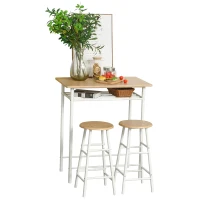 HOMCOM Bartisch Set Bartisch mit 2 Barhockern Essgruppe Küchentisch mit Lagerregal Esstisch für Esszimmer, Küche, Weiß(m-13)