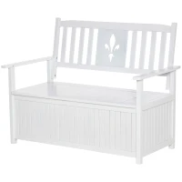 Outsunny Banco de Madera Maciza Exterior de 2 Plazas con Espacio de Almacenamiento y Tela Oxford Banco Arcón de Jardín Terraza con Reposabrazos Carga 250 kg 125x68,5x97 cm Blanco(m-11)