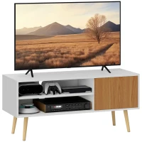 HOMCOM Móvel de TV com 2 Prateleiras de Armazenamento e Armário para Televisores até 55 Polegadas 110x40x50 cm Branco e Madeira(m-9)