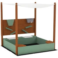 AIYAPLAY Wood Sandpit with Canopy, Storage Bins, Funnel, Liner, Chutes, Bucket with Tap, 116 x 112.5 x 128 cm, Green(m-11)