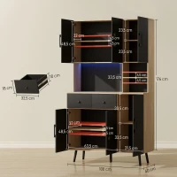 HOMCOM Armário de Cozinha Alto com Luzes LED RGB com 6 Portas 2 Gavetas Bancada 100x40x176 cm Preto e Madeira(m-3)
