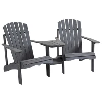 Outsunny Wooden Outdoor Double Adirondack Chairs Loveseat w/ Centre Table and Umbrella Hole, Garden Patio Furniture for Lounging and Relaxing, Dark Grey(m-1)