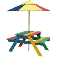 Outsunny Wooden Kids Table and Chair Set with Removable Parasol, for Ages 3-6 Years - Multicoloured(m-1)