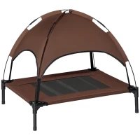 PawHut Erhöhtes Hundebett mit Baldachin, Haustierbett, Hundeliege outdoor mit Dach, Atmungsaktiv, Taftstoff für Camping Kaffee 76 x 61 x 73 cm(m-1)