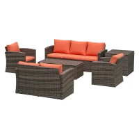 Outsunny 6 Pieces Rattan Garden Furniture Set, 7 Seater Wicker Outdoor Furniture Set with Storage Tea Table & Side Table, Sectional Garden Sofa Set with Cushions, Orange(m-10)